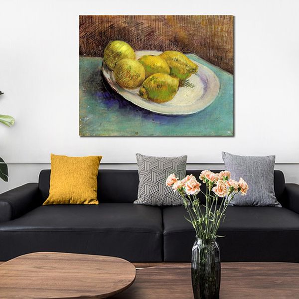 Toile faite à la main Art Vincent Van Gogh peinture nature morte avec des citrons sur une assiette 1887 Village paysage oeuvre décor de salle de bain