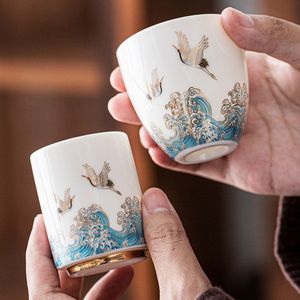 Tasse à thé en céramique dorée faite à la main, grue peinte à la main, bol de Boutique, fournitures de verres en porcelaine