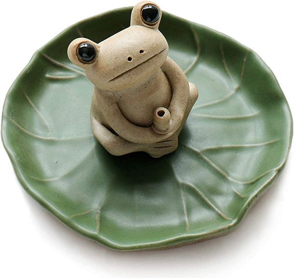 Bâton en céramique fait à la main porte-brûleur d'encens petite grenouille encens plateau de feuille de Lotus Mini Statue d'animal mignon brûleur d'encens à la maison