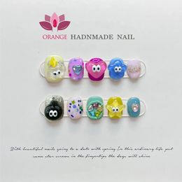 Prensa colorida hecha a mano en las uñas Diseño 3D lindo Manicura usable Almendra Cubierta completa Uñas postizas japonesas artificiales para niñas 240201