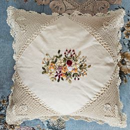 Crochet hecho a mano, almohada hueca tejida de hilo de algodón floral, cojín de sofá de sala de estar retro