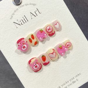 Presse mignonne à la main sur les ongles rose court kawaii 3d Design réutilisable adhésif faux acrylique manucure artificielle pour filles 240328