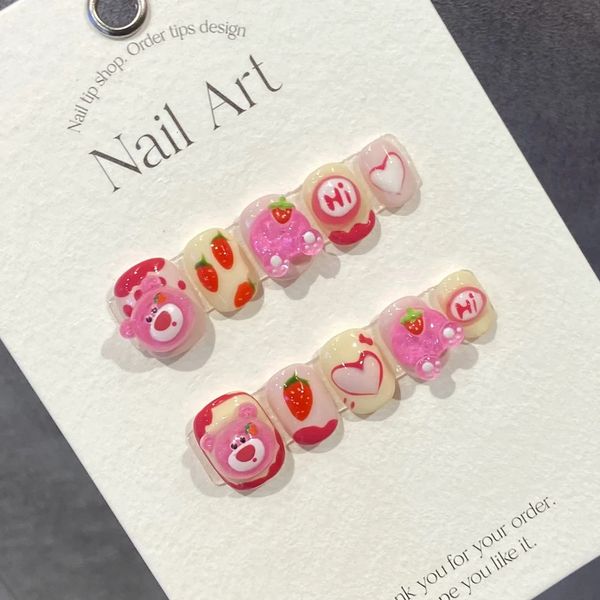 Presse mignonne faite à la main sur les ongles rose court Kawaii 3d Design adhésif réutilisable faux ongles acrylique manucure artificielle pour les filles 240129