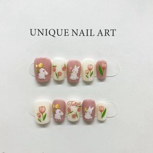 Handgemaakte schattige pers op nagels korte paarse Japanse cartoon herbruikbare zelfklevende acryl kunstnagels met design handverf nagelkunst 240129