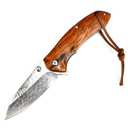 Couteau pliant en acier Damas à la main avec poignée en bois rose pour la randonnée et le couteau de poche de pêche