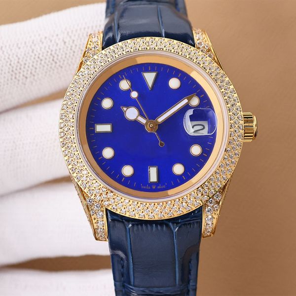 Reloj de diamantes hecho a mano para hombre 41 mm Zafiro Fecha Indicación Movimiento mecánico automático Relojes de diseño Correa de cuero Reloj de pulsera de alta calidad Montre de Luxe