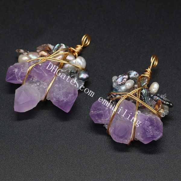 Fil diy bricolage bricolage fil tonique enveloppé irrégulier améthyste perles pendentif belle naturelle brute violet cristal cristal cristal cristal druzy point ponte de pierre gemme de guérison de guérison