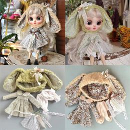 Vestido de falda de muñeca hecho a mano con sombrero de conejo de orejas grandes con estampado floral para Blythes Ymy Licca Azones Ob24 Ob27 Fr 231225