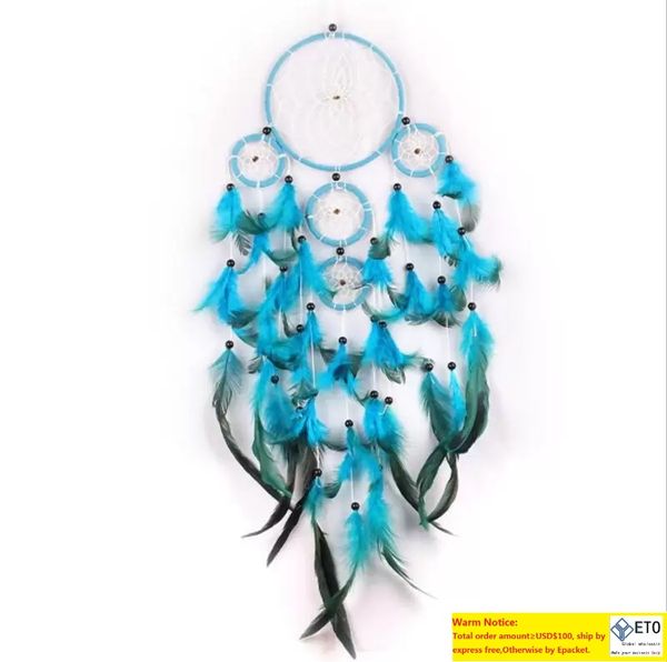 Atrapasueños hecho a mano, red de carillón de viento, pluma Natural, adorno de decoración para el hogar, colgante de pared azul delicado