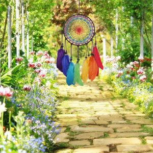 Handgemaakte Dreamcatcher Windgong 7 Regenboog Kleur Veer Dromenvangers Voor Geschenken Bruiloft Home Decor Ornamenten Hang Decoration280R