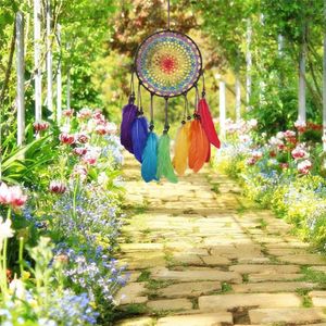 Handgemaakte Dreamcatcher Windgong 7 Regenboog Kleur Veer Dromenvangers Voor Geschenken Bruiloft Home Decor Ornamenten Hang Decoration324P