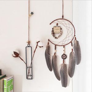 Atrapasueños hecho a mano con colgante de búho anillo doble plumas carillón de viento Bar boda hogar pared colgante decoración Regalo