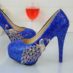 Zapatos de boda hechos a mano con diamantes de imitación, color azul real, punta redonda, sin cordones, tacones de aguja, zapatos de fiesta de graduación de talla grande 44 45294A