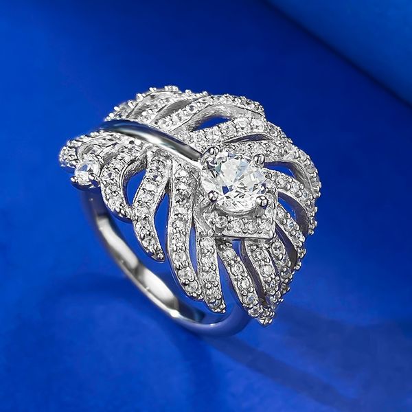 Bague en diamant Moissanite avec plumes faites à la main, en argent Sterling 925 véritable, bague de mariage pour femmes, bijoux de fiançailles, cadeau