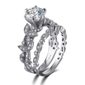 Handgemaakte bloem stijl ring set 5A zirkoon CZ 925 sterling zilver engagement trouwband ring voor vrouwen mode-sieraden cadeau