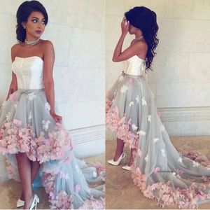 Handgemaakte bloemen roze prom -jurken High Low Long Party Strapless Graduation 3D bloemen Appliques avondjurken Custom Made 0510