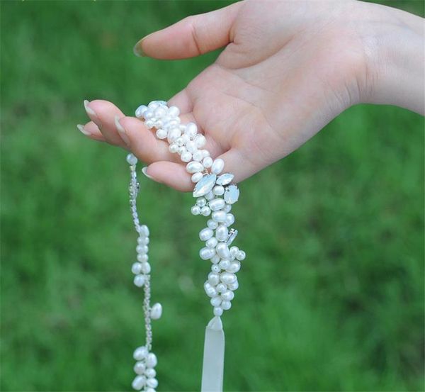 Mariage mariée perles d'eau douce bandeau bandeau ruban cristal strass couronne diadème princesse femmes coréenne bandeaux perles coiffure accessoires de cheveux