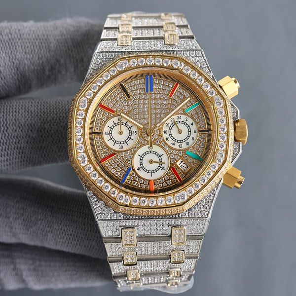 Fabriqué à la main plein de diamants Watch Mens Importé Quartz Timing Movement Watches 40 mm avec des bracelets en acier cadré en diamant 904L