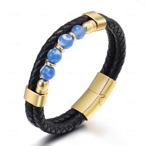 Handgemaakte edelsteen gelaagde gevlochten lederen armbanden voor mannen link ketting streng mode magnetische sluiting zwarte koord vintage polsband touw manchet armband sieraden