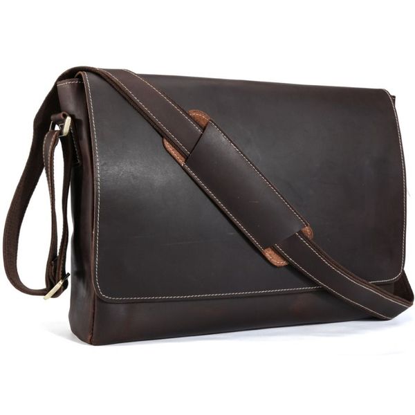 Fait à la main en cuir véritable 15 pouces ordinateur portable Messenger sac hommes Simple Style Vintage bandoulière porte-documents grande sacoche 1153246T