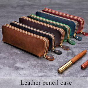 Sac à crayons en cuir véritable fait à la main Vintage rétro en peau de vache fermeture éclair porte-crayon pochette étui à lunettes bureau papeterie sac de rangement