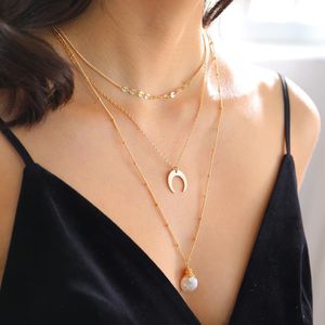 Colliers avec pendentif en forme de lune en or, fait à la main, petit cercle, multicouches, en alliage torsadé, perles irrégulières, ras de cou pour femmes