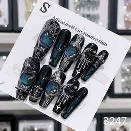 Goth fait à la main sur des ongles Y2K Black Luxury Réutilisable Adhésif Faux Full Cover Conseils Nail pour filles Juillet Store 240328