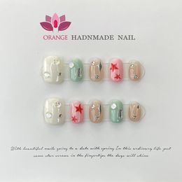 Handgemaakte gotische korte druk op de nagel Strass ronde kop manicure decoratie draagbaar vol met ontwerp acryl nagel voor meisjes 240201