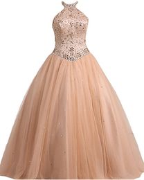 Handgemaakte halter A Lijn Quinceanera Jurken 2020 Puffy Floor Length Tulle Applicaties Sweet 16 Lange Avond Party Prom Toga Vestidos de 15 Anos