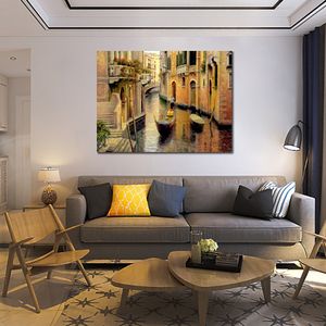 Handgemaakte impressionistische canvas kunst aan de muur gouden avond gondel landschap schilderij hedendaagse badkamer decor