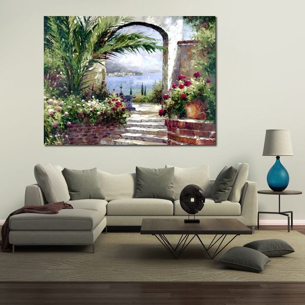 Lienzo de paisaje impresionista hecho a mano, arco de rosas, campo sereno, obra de arte moderna, decoración del hogar