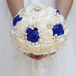 Bouquets de mariage en diamant perlé bleu Royal ivoire faits à la main, demoiselle d'honneur artificielle tenant des fleurs, accessoires de mariage W234B270N