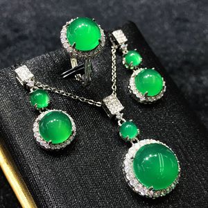 Handgemaakte Jade Diamanten Sieraden set 925 Sterling Zilveren Verlovingsringen Oorbellen Ketting Voor Vrouwen Bruidsfeest Sieraden