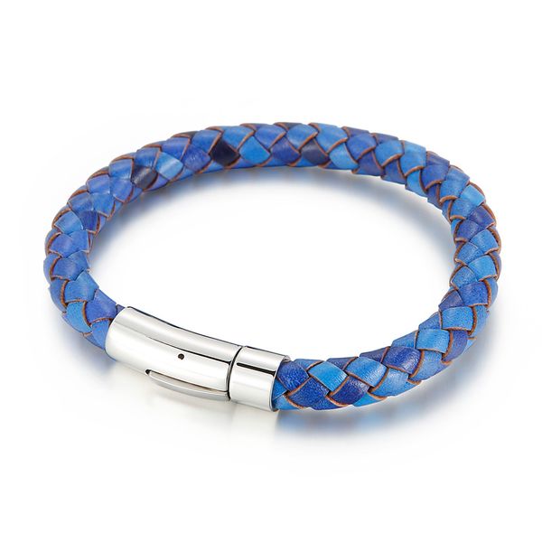 Joyería hecha a mano (3 unids/lote) pulsera de cadena trenzada con cordón de cuero de 8mm de Color marrón y azul para hombre, cierre de acero inoxidable de 215mm