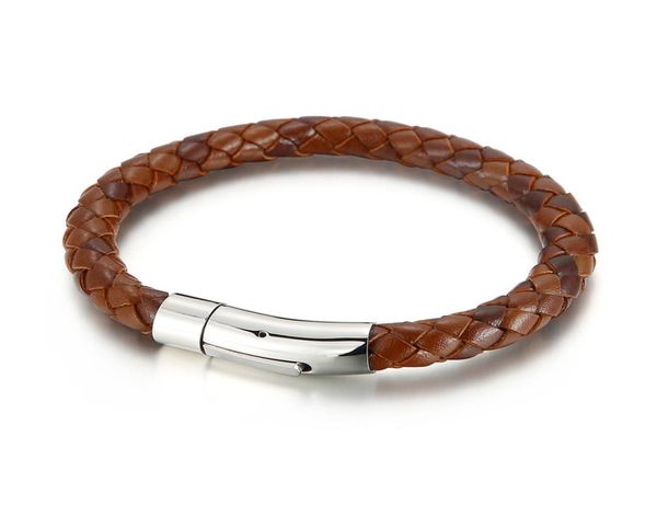 Bijoux faits à la main Men039s Brun Bleu Color 8 mm Cordon en cuir Bracelet de chaîne tressée 215 mm en acier inoxydable CLASP1772527