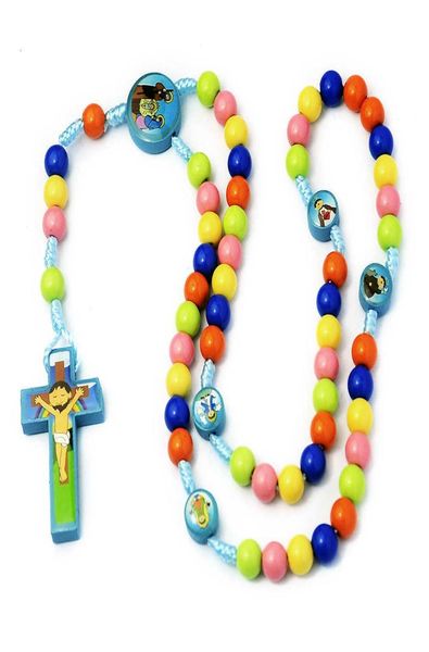 Joyería hecha a mano, venta al por mayor, cuentas redondas coloridas, collar de Rosario para niños de dibujos animados, joyería religiosa de Jesucristo 8268855