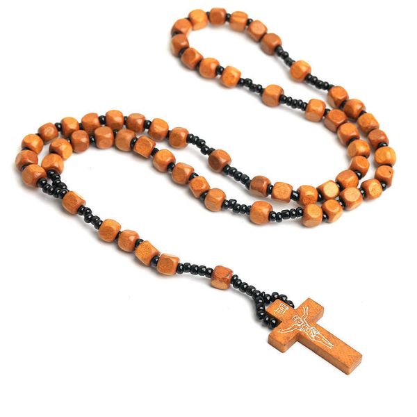 Collier chapelet en perles de bois naturel, pendentif catholique, bijoux de prière religieux et chrétien, vente en gros, bijoux faits à la main, vente en gros