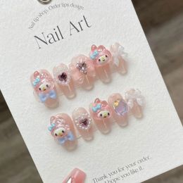 Presse rose Kawaii faite à la main sur les ongles courts mignons coréens Design de fée couverture complète ongles conseils adhésifs réutilisables faux ongles pour les filles 240201