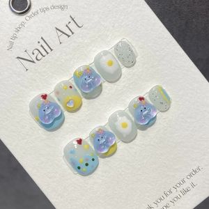 Fait à la main Kawaii Presse sur les ongles Court Bleu Japonais 3D Design Réutilisable Adhésif Faux Ongles Acrylique Manucure Artificielle pour Les Filles 240129