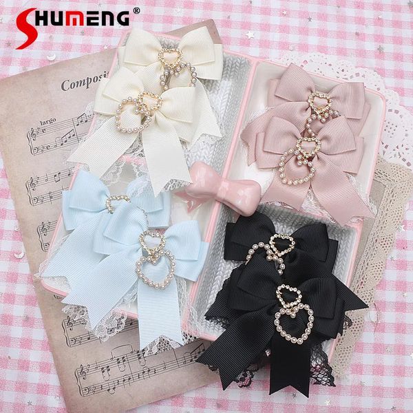 Accessoires de cheveux doux Kawaii faits à la main pour femme, mignon pendentif en dentelle, perle d'amour, nœud de fille japonaise, petite paire de pinces à cheveux, Barrettes 240106