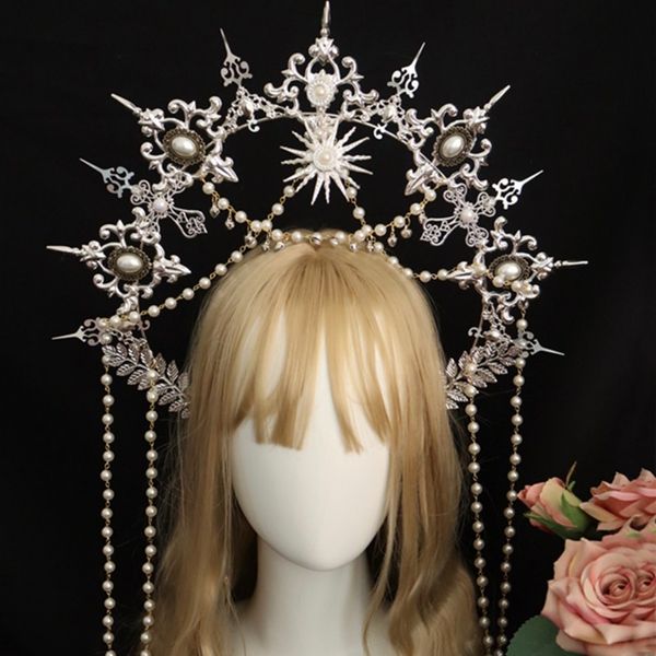 Couronne de Halo en argent KC faite à la main, coiffure Lolita Madonna, couronne d'ouverture, chaîne de perles, cerceau de cheveux, diadème, ornements de cheveux