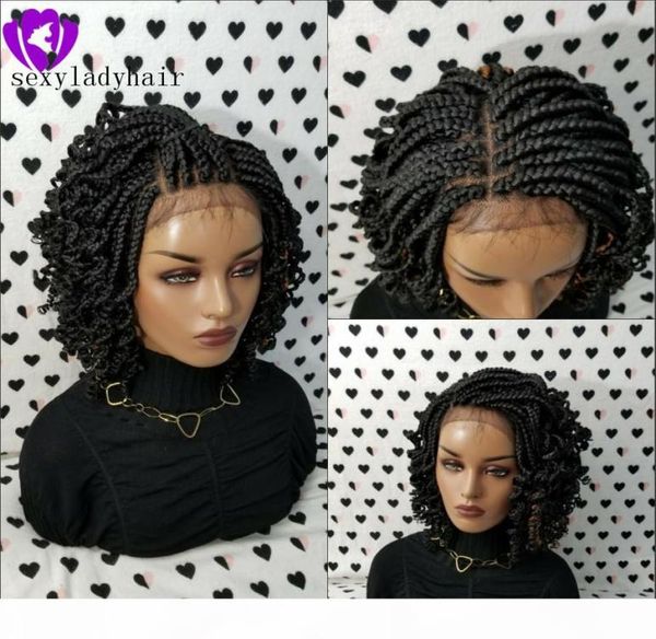 Perruque de tresses crépue bouclée faite à la main, perruque avant en dentelle tressée courte noire brune blonde ombre couleur pour femmes africaines 7467195