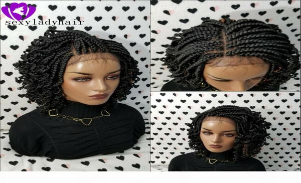 Caja rizada rizada hecha a mano Trenzas Peluca negro marrón rubio color ombre peluca delantera del cordón trenzado corto para las mujeres de África 8408553