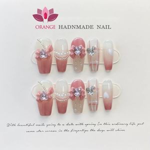 Presse coréenne faite à la main sur les ongles cercueil décoration réutilisable fausse couverture complète manucure artificielle portable magasin d'ongles orange 240313