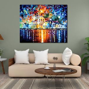 Handgemaakte landschapskunst op canvas Sleepy Harbor Vibrant Street Artwork Schilderij Home Decor