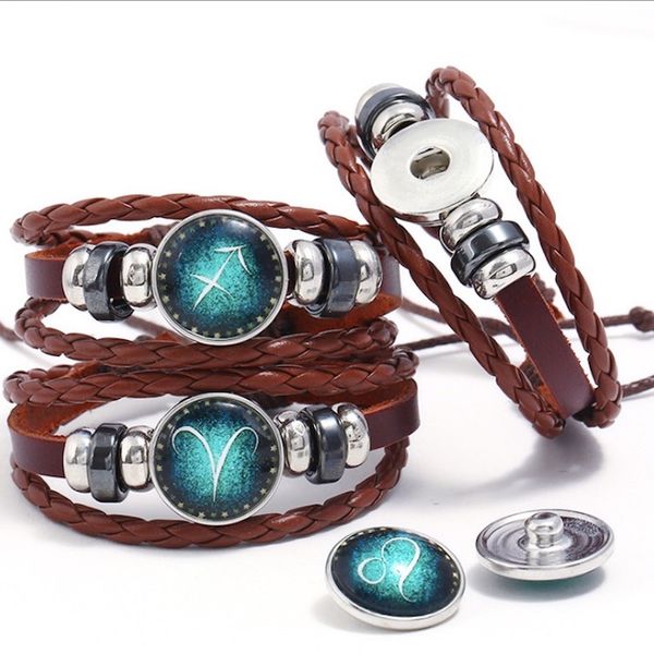 Bracelets en cuir faits à la main 12 Constellation Zodiac Design Bracelets de chaîne de corde de cire Boutons pression Bracelet vintage pour femmes hommes amoureux bijoux