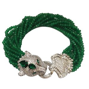 Tête de léopard faite à la main micro incrustation zircon fermoir 2x4 mm rouge vert face jade multi-rangs bracelet cadeau