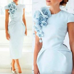 Handgemaakte lichtblauwe bloemen formele OCN-jurken op maat maken vintage thee-lengte moeder van de bruid bruidegomjurk