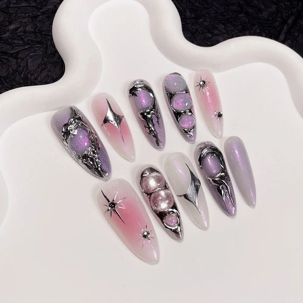 Fait à la main de luxe Y2k Presse sur les ongles Long Stiletto Goth Design Réutilisable Adhésif Faux Couverture Complète Wearable Nail Tips Filles 240113