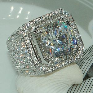 Handgemaakte mannelijke hiphop ring prachtige mode-sieraden 925 sterling zilver populaire ronde geslepen witte topaas CZ diamant volledige edelstenen mannen trouwring ring cadeau